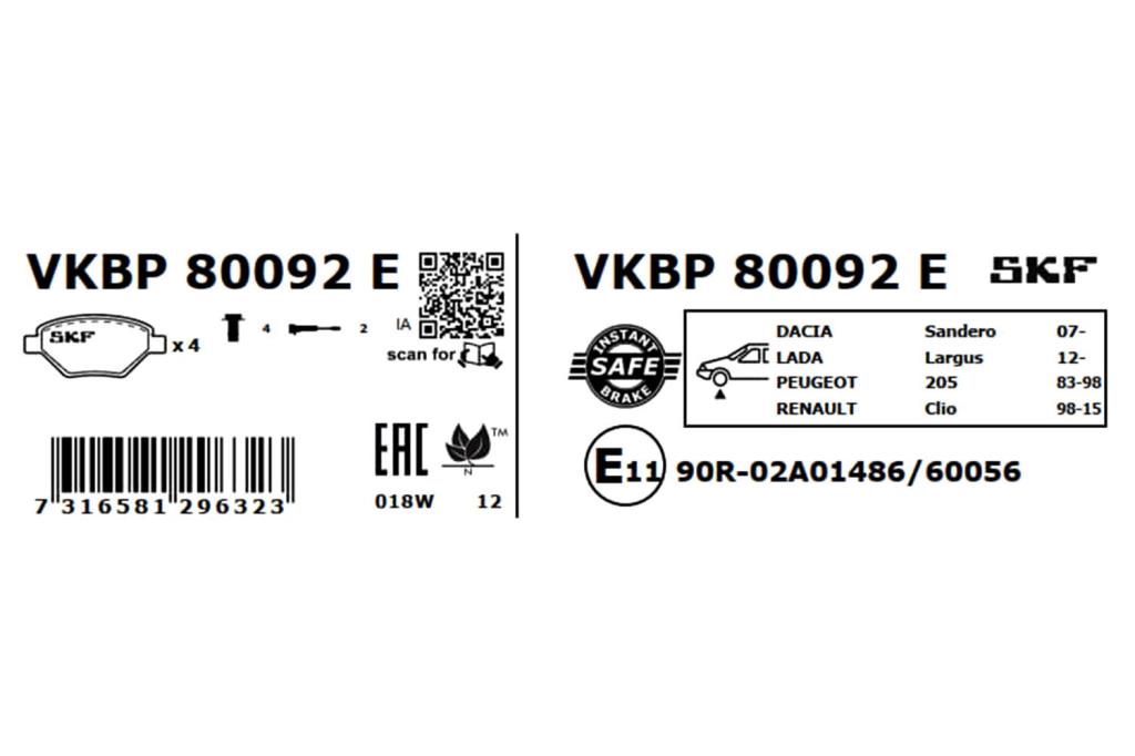 Jeu de 4 plaquettes de frein SKF ref. VKBP 80092 E
